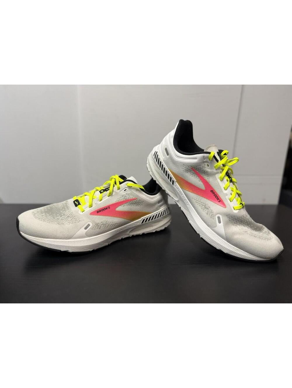 Brooks Running Shoes Men 13 White Neon Yellow Pink Athletic Trainer Sneaker